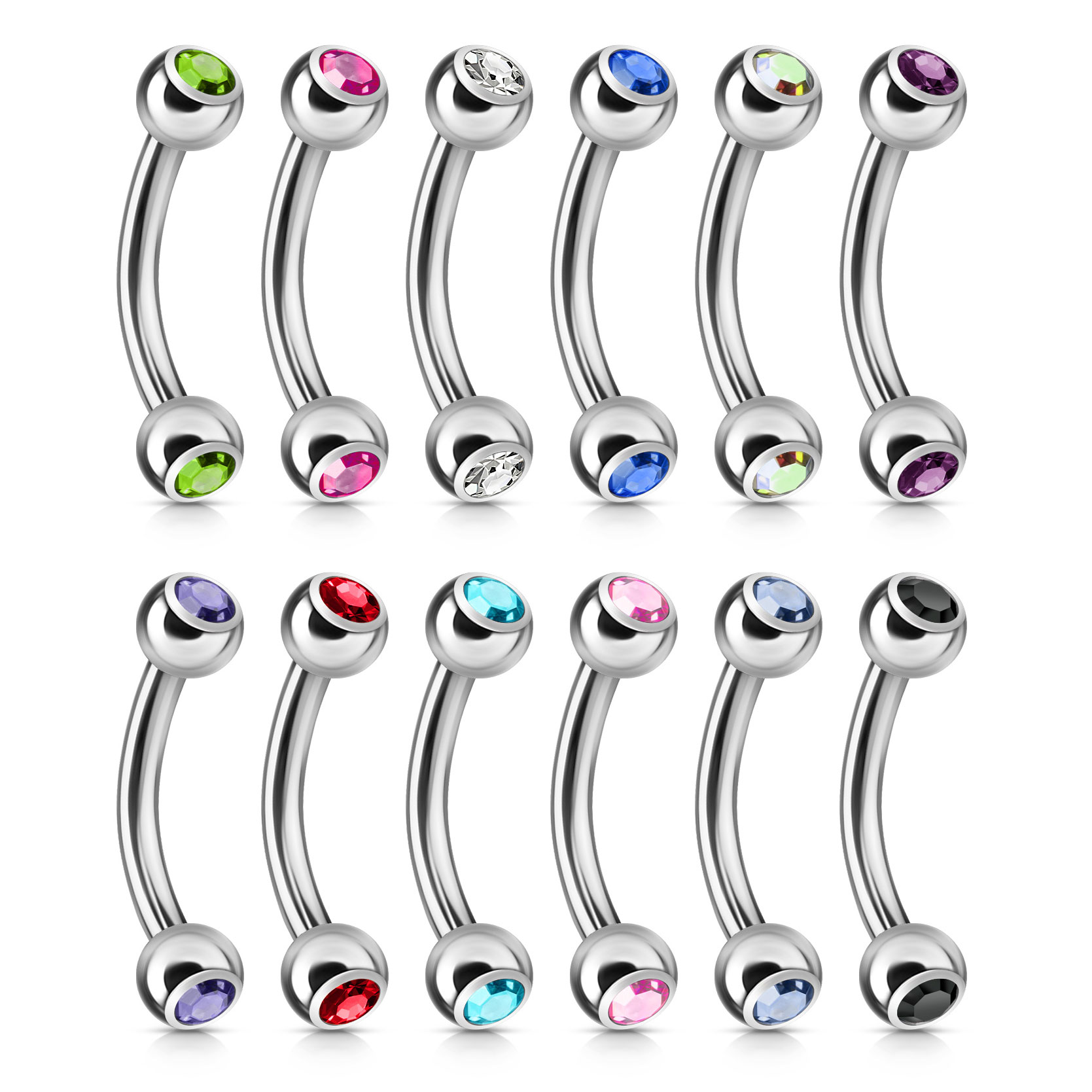 Beautiful curved barbell in different sizes and different gem colors