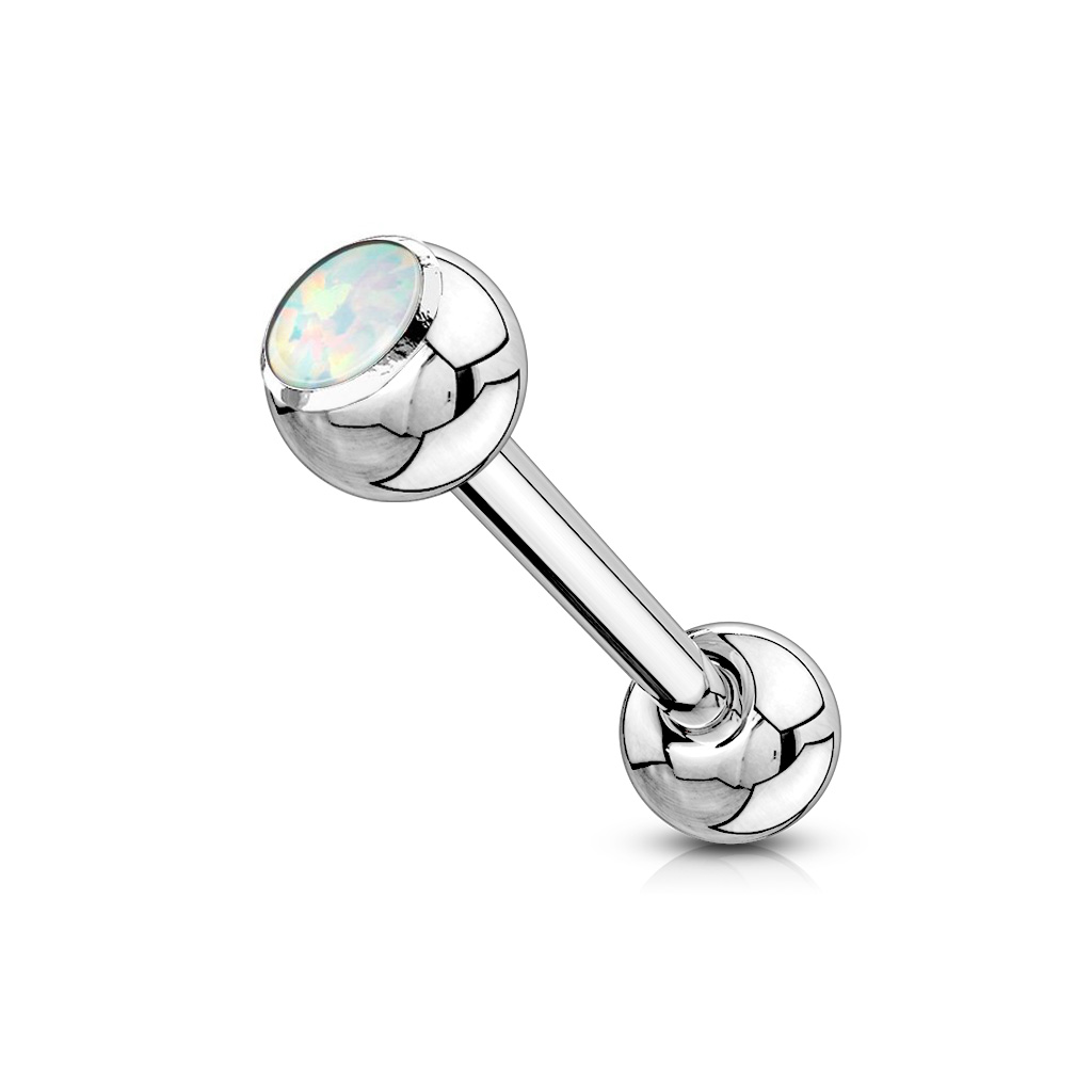 Tongue barbell with bezel-set opal top