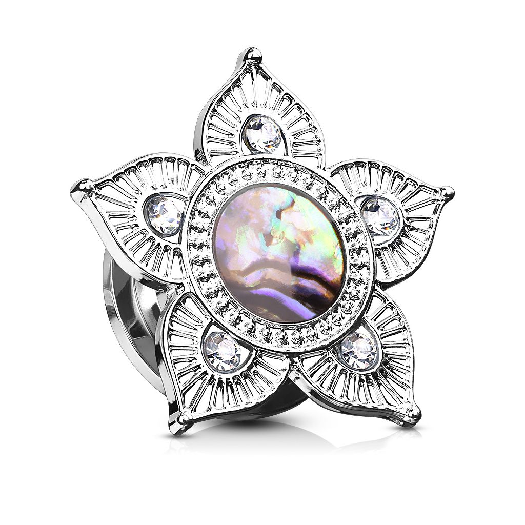 Plug with lotus flower and mother of pearl gemstone