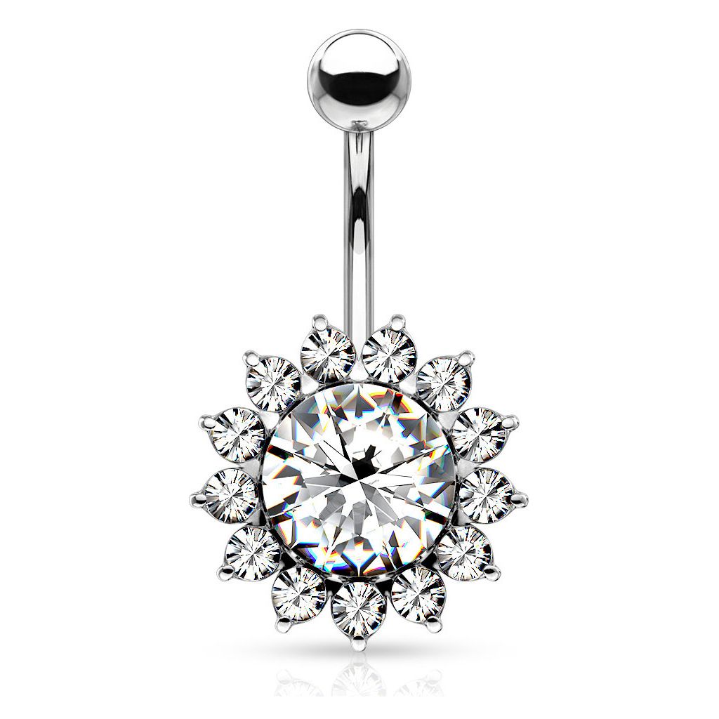 Belly button ring with sunflower-like bottom bead