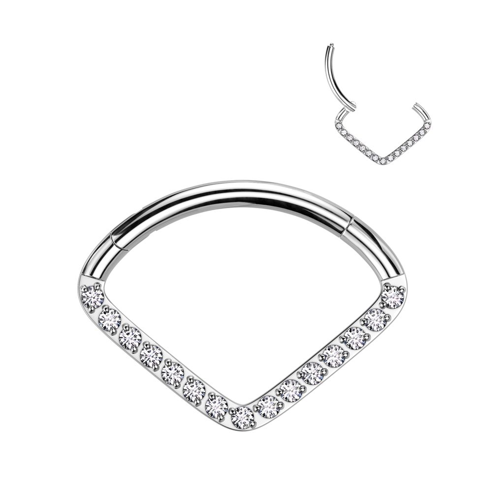 Chevron shaped ring in titanium with delicate stones