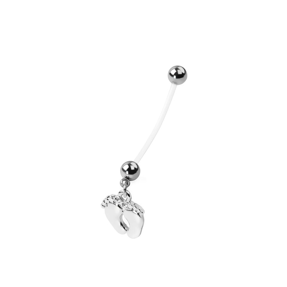 Pregnancy belly button ring with shiny feet dangle