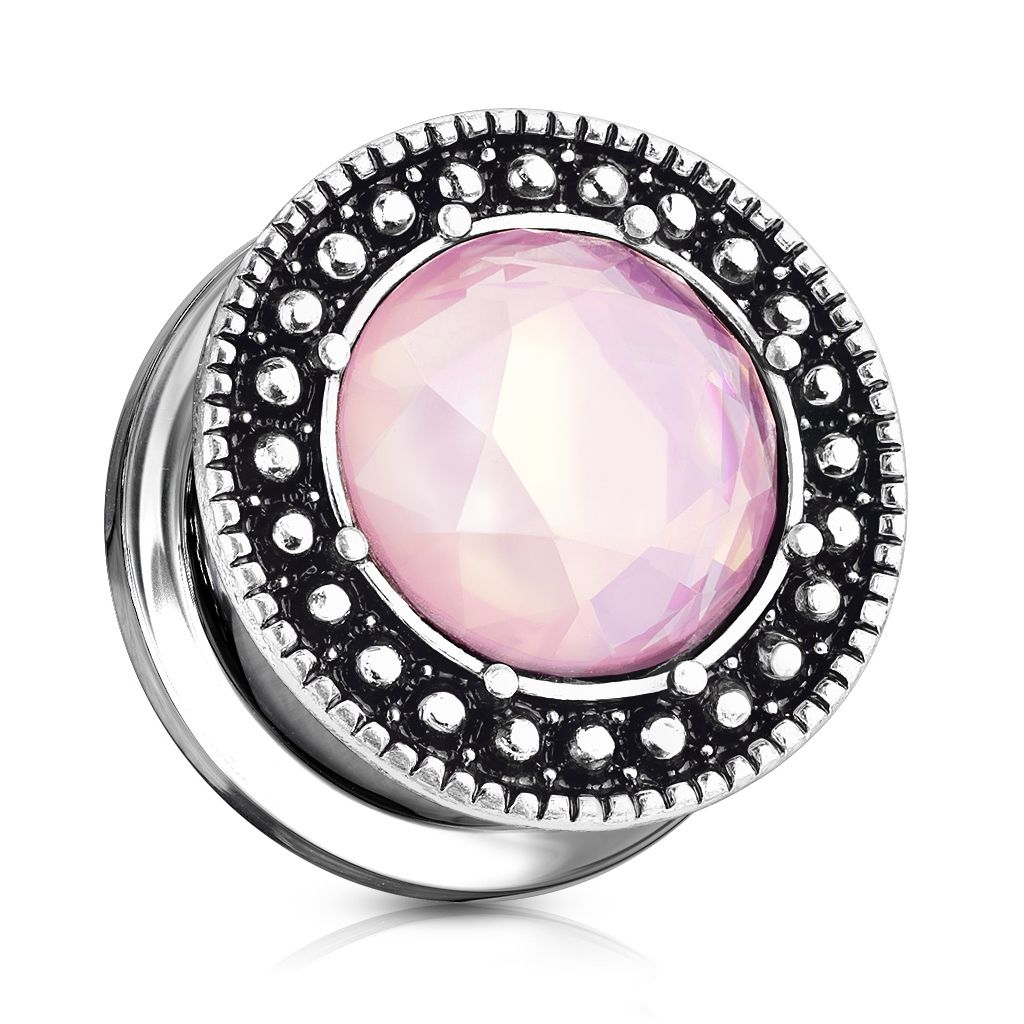 Plug with antiqued edge and pink gem