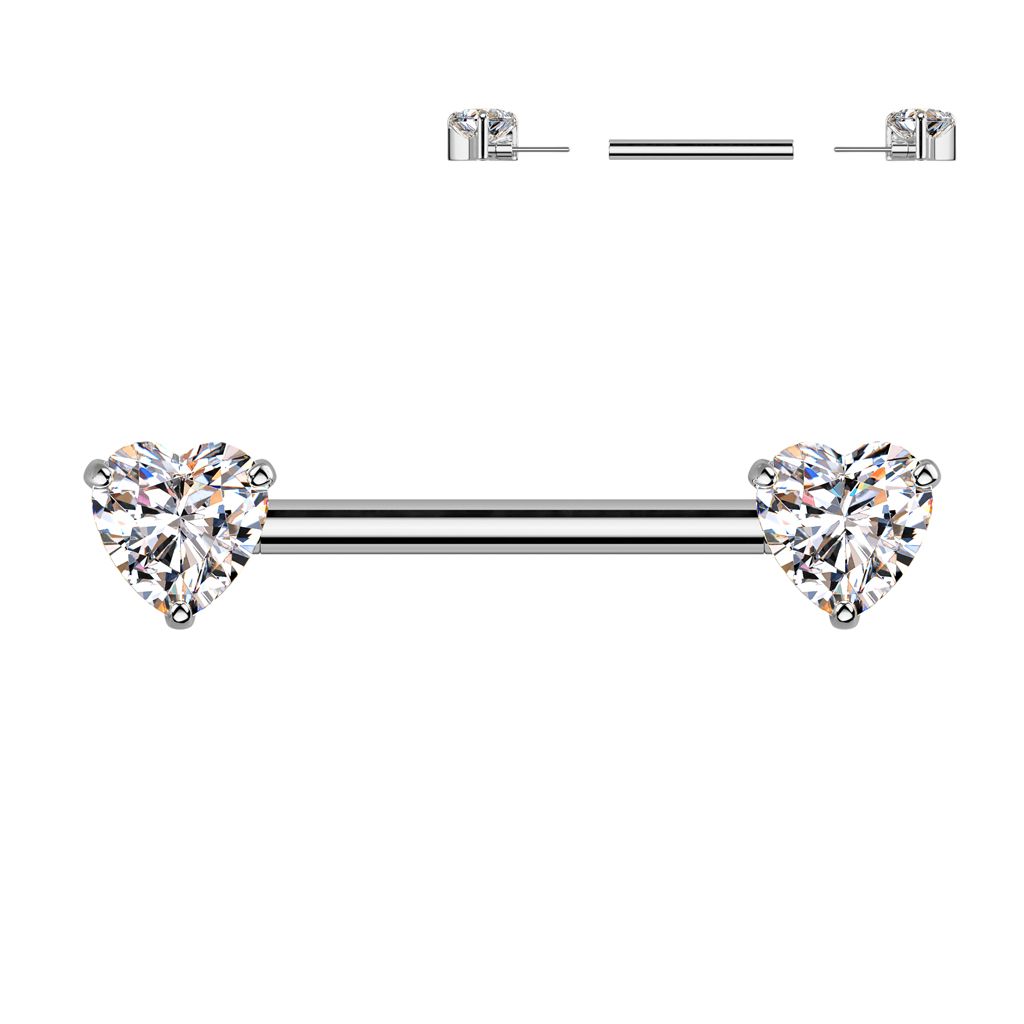 Titanium nipple barbell with heart shaped CZ stones