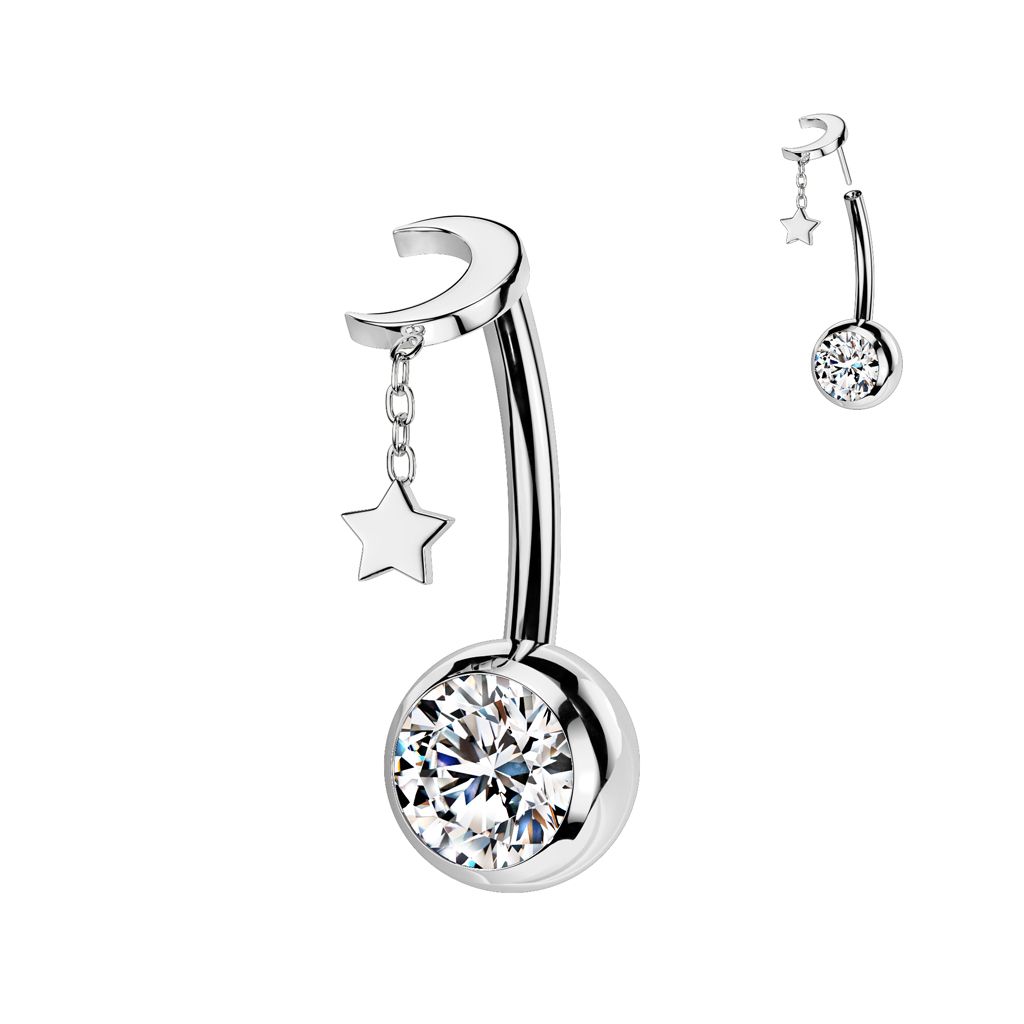 Titanium belly ring with floating moon and star