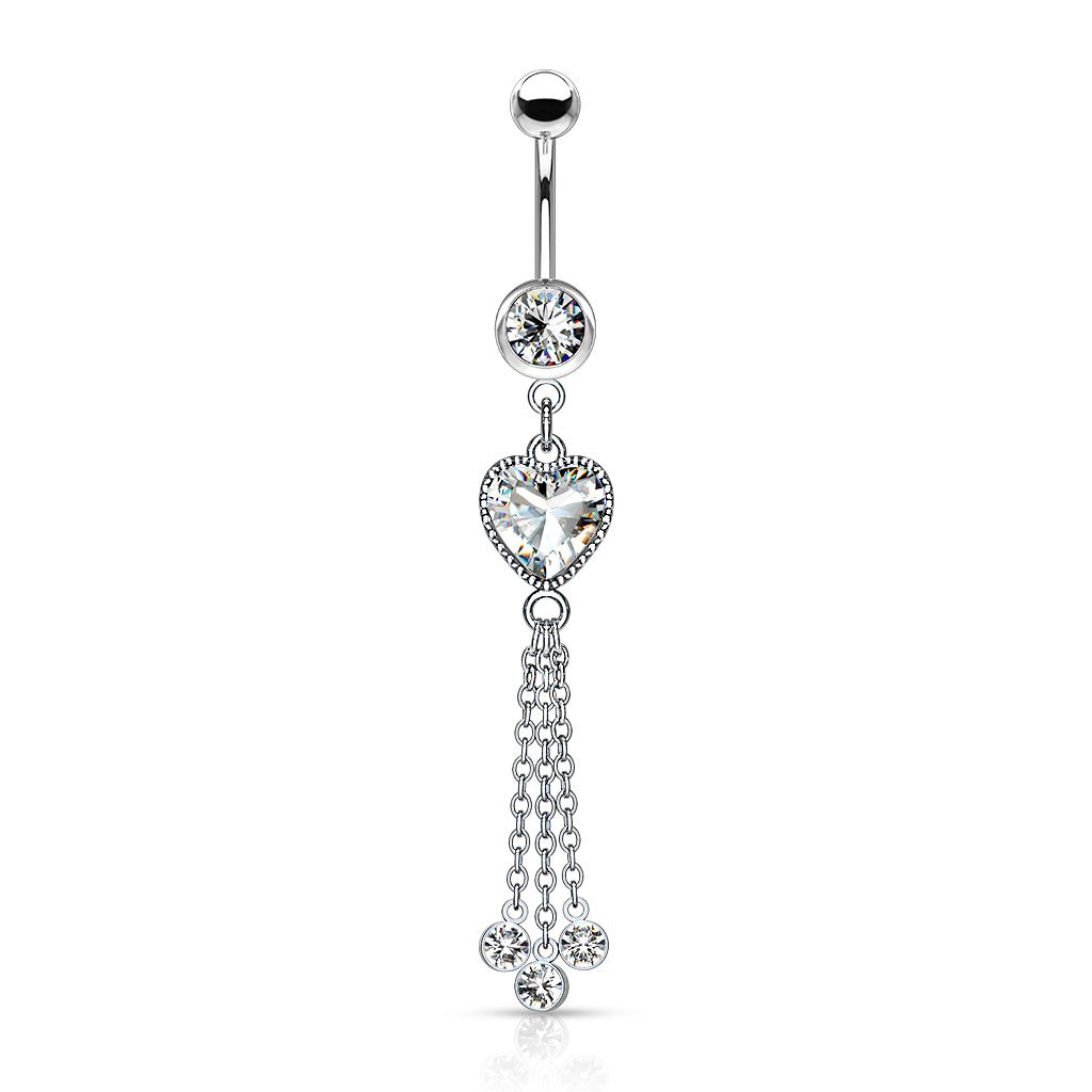 Belly button ring with heart-shaped gem and chains