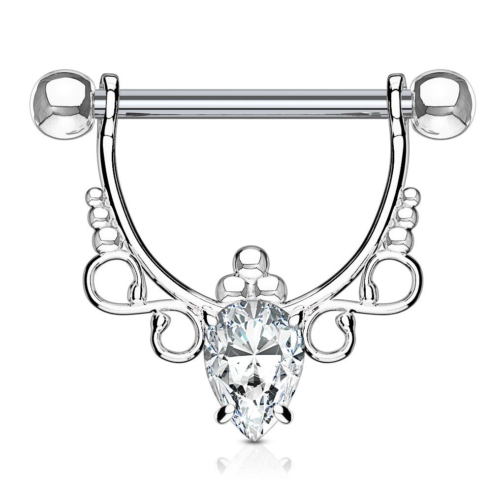 Nipple shield with a filigree design and a pear-shaped stone