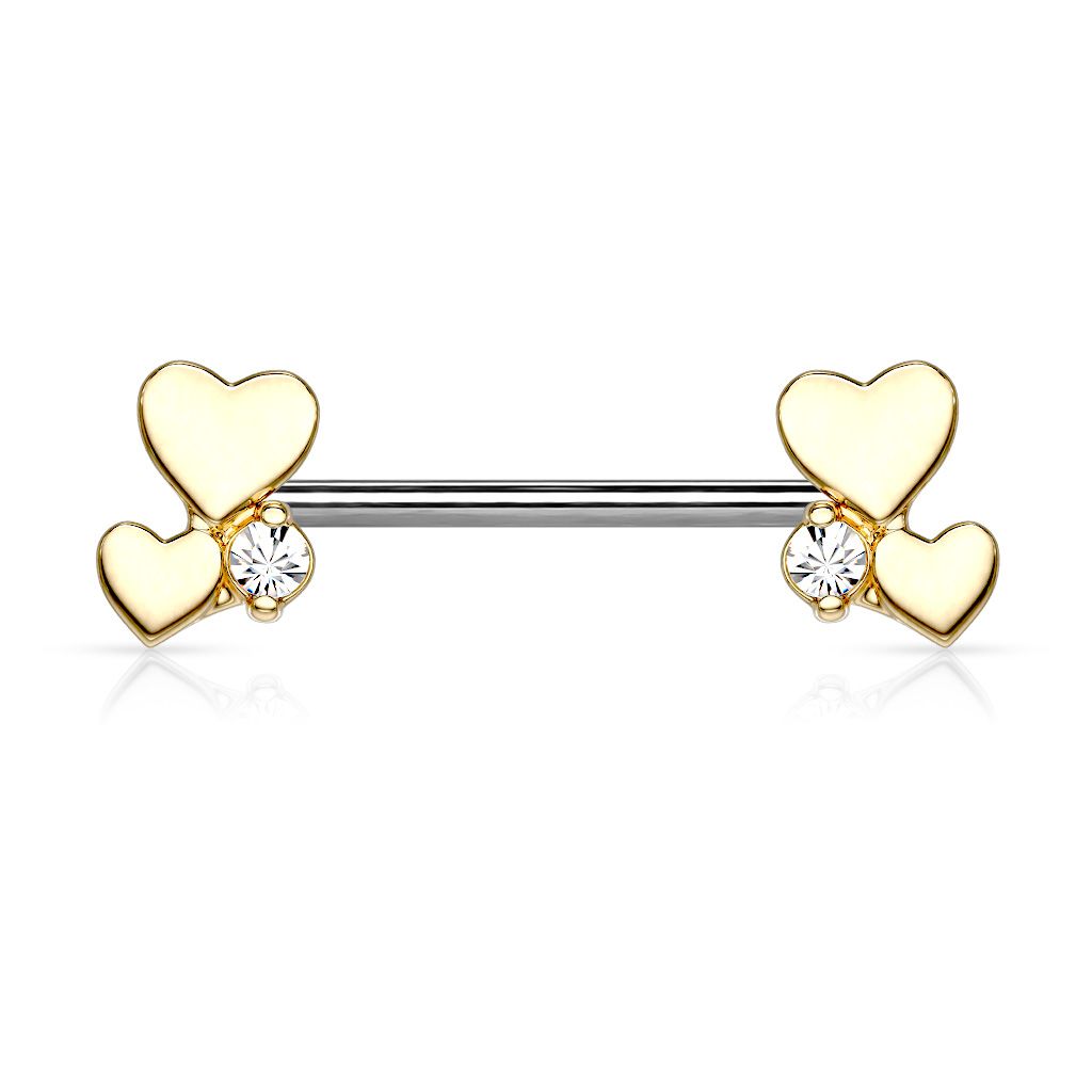 Nipple barbell with two hearts and gem