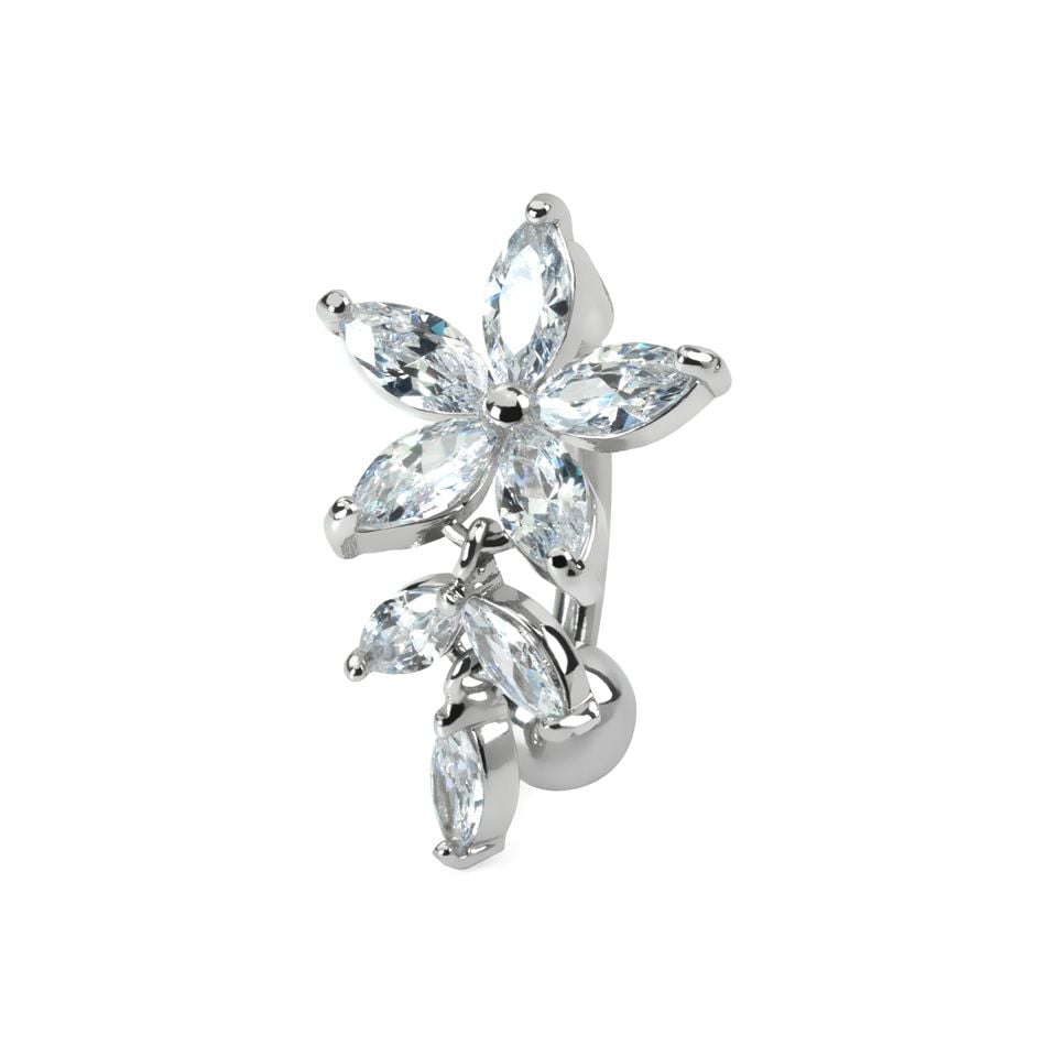 Reverse belly ring with studded flower