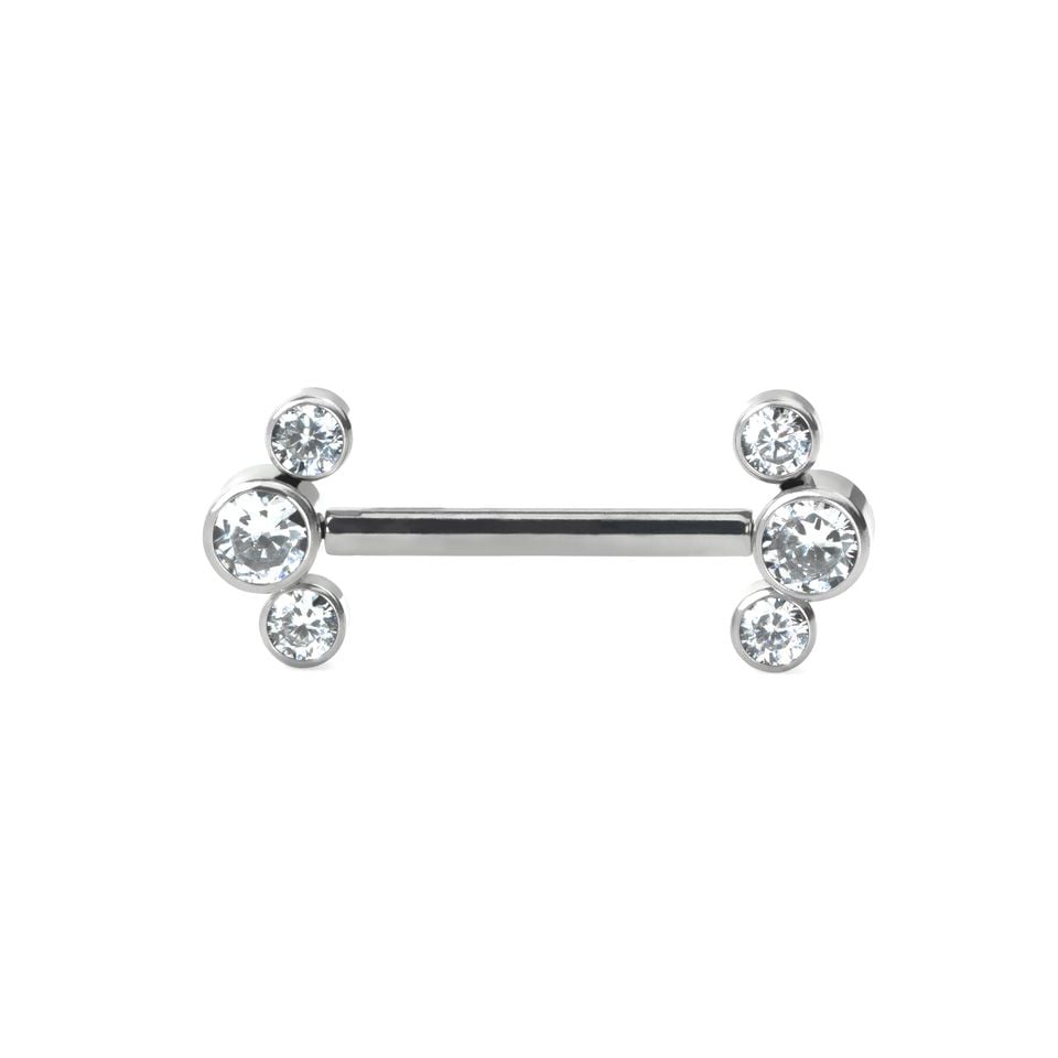 Threadless nipple barbell with 3 CZ bezel set ends
