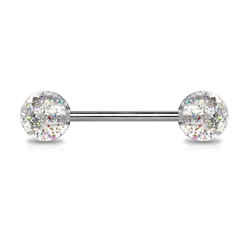 Tongue barbell made of titanium with glitter balls