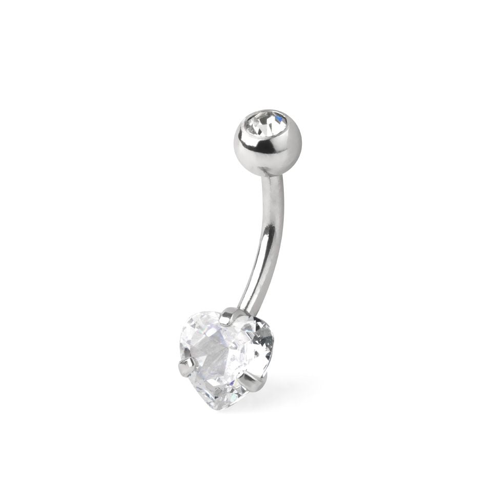 Belly button ring with bottom heart-shaped gem
