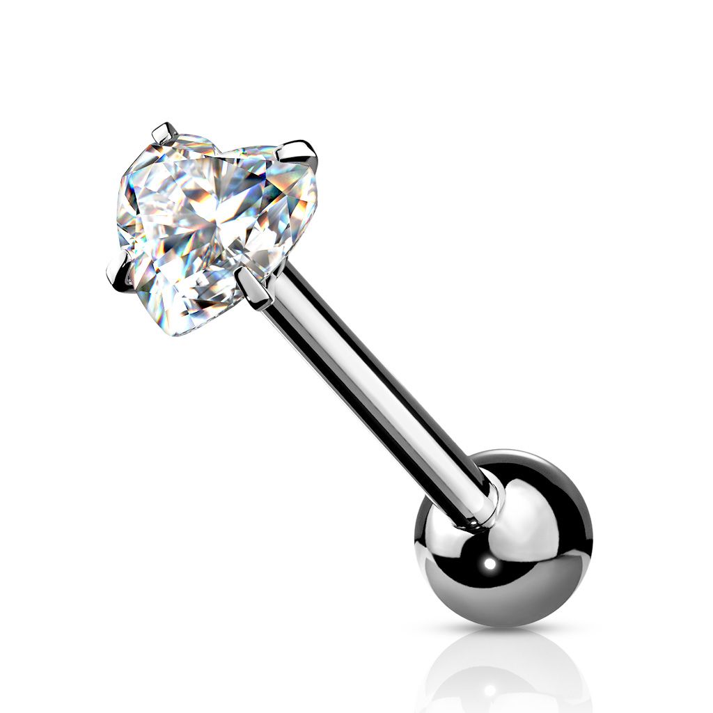 Tongue barbell with prong set heart stone