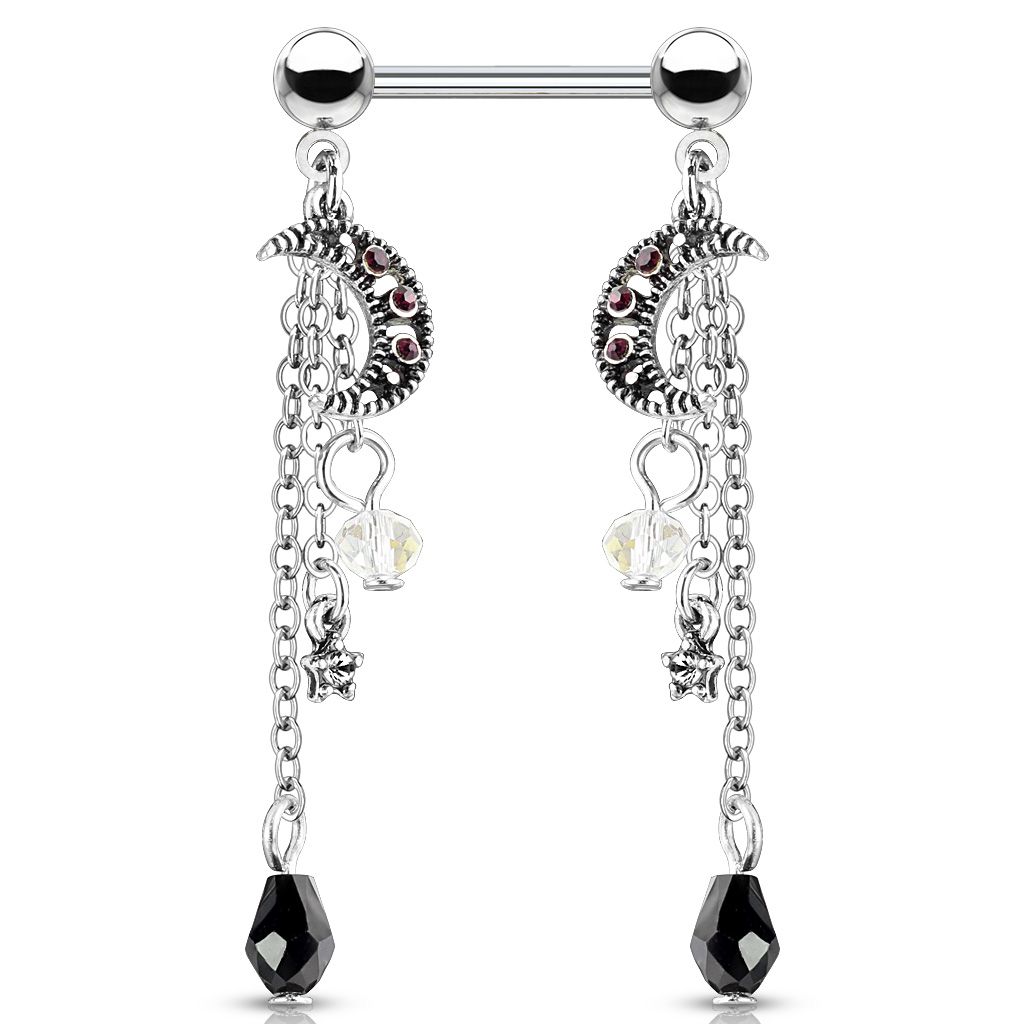Nipple piercing with stars and moons on pendants