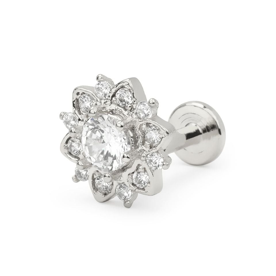 Labret internally threaded with studded lotus flower