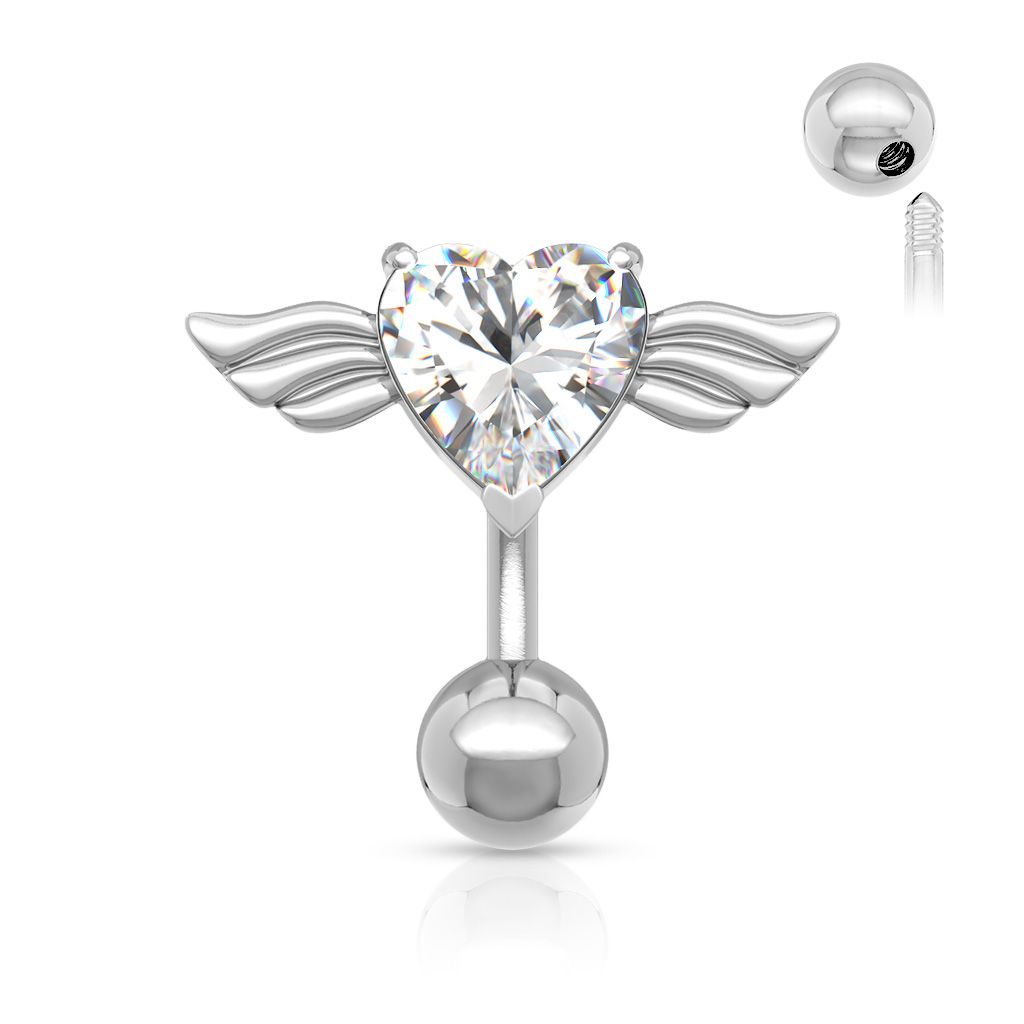 Reverse belly button ring with heart and wings