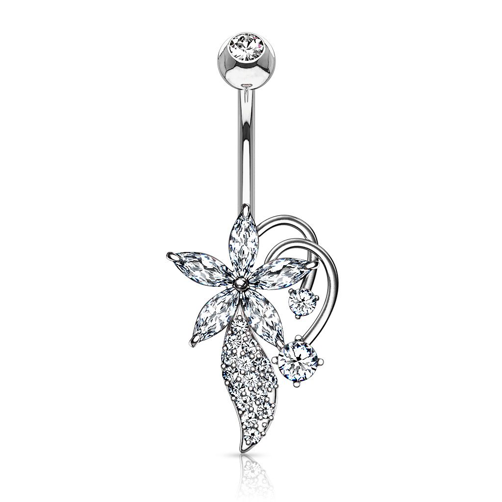 Belly button ring with marquise stones flower