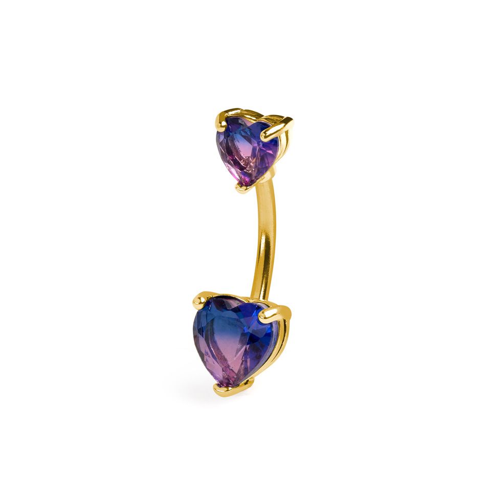 Belly barbell with two tone pink and purple hearts