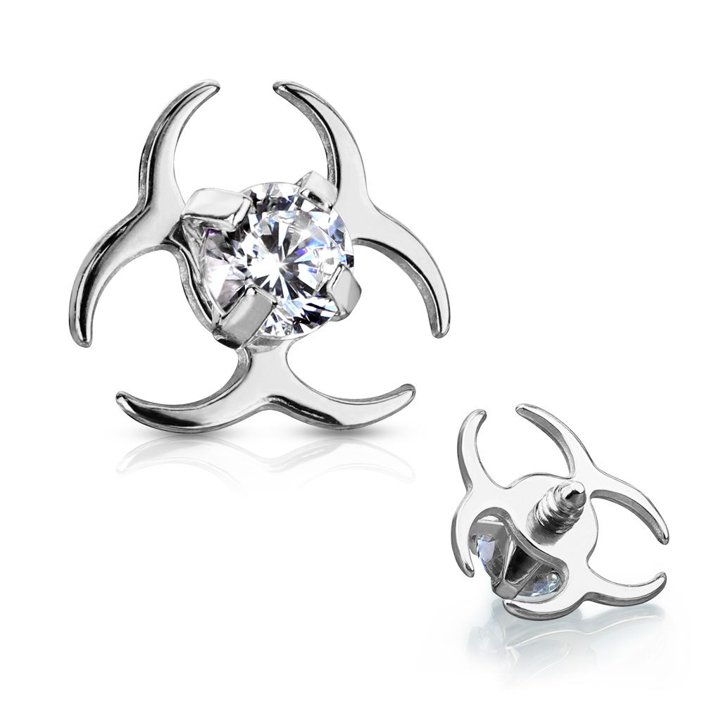 Dermal top with biohazard symbol and crystal clear gem-Silver