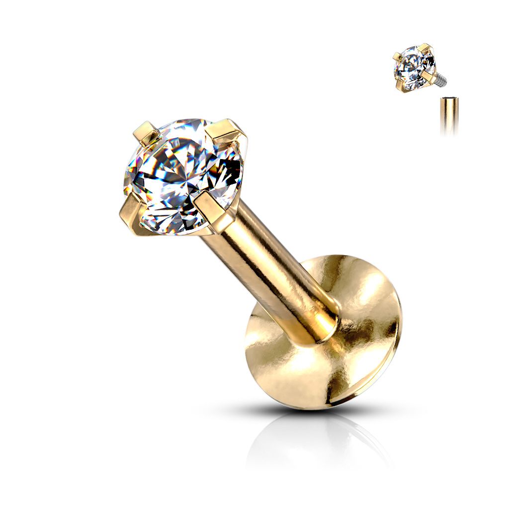 Labret with internally threaded post and prong-set clear gem