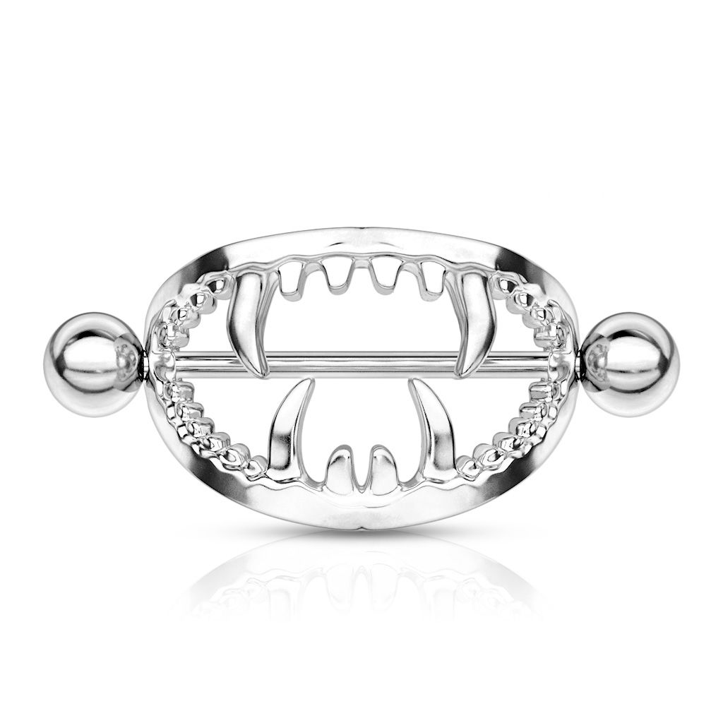 Nipple shield with mouth and fangs