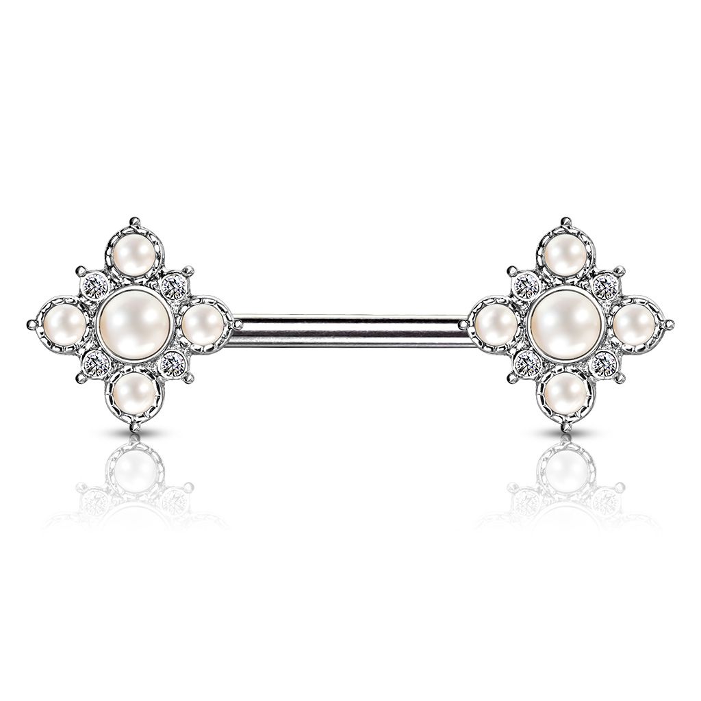 Nipple barbell with flowers of pearls