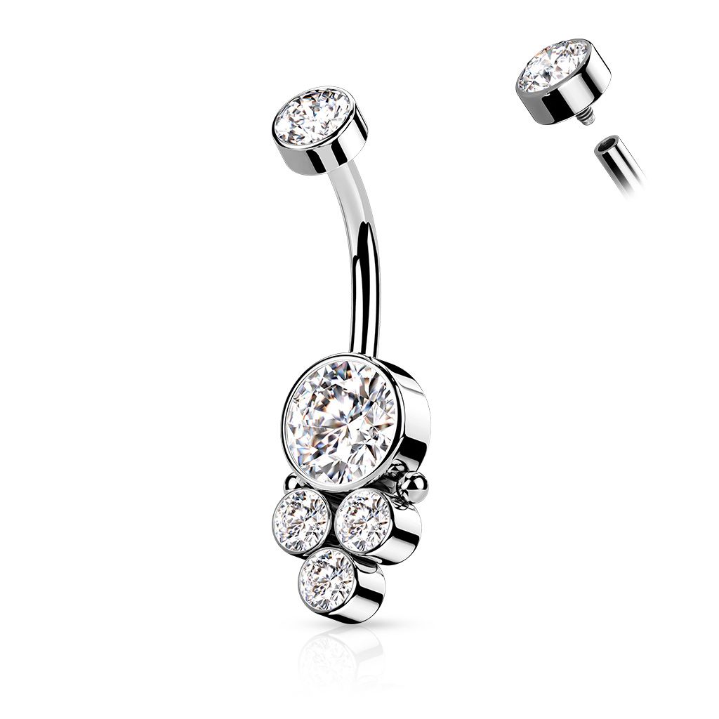 Titanium belly button ring with internal threading and round cluster stones