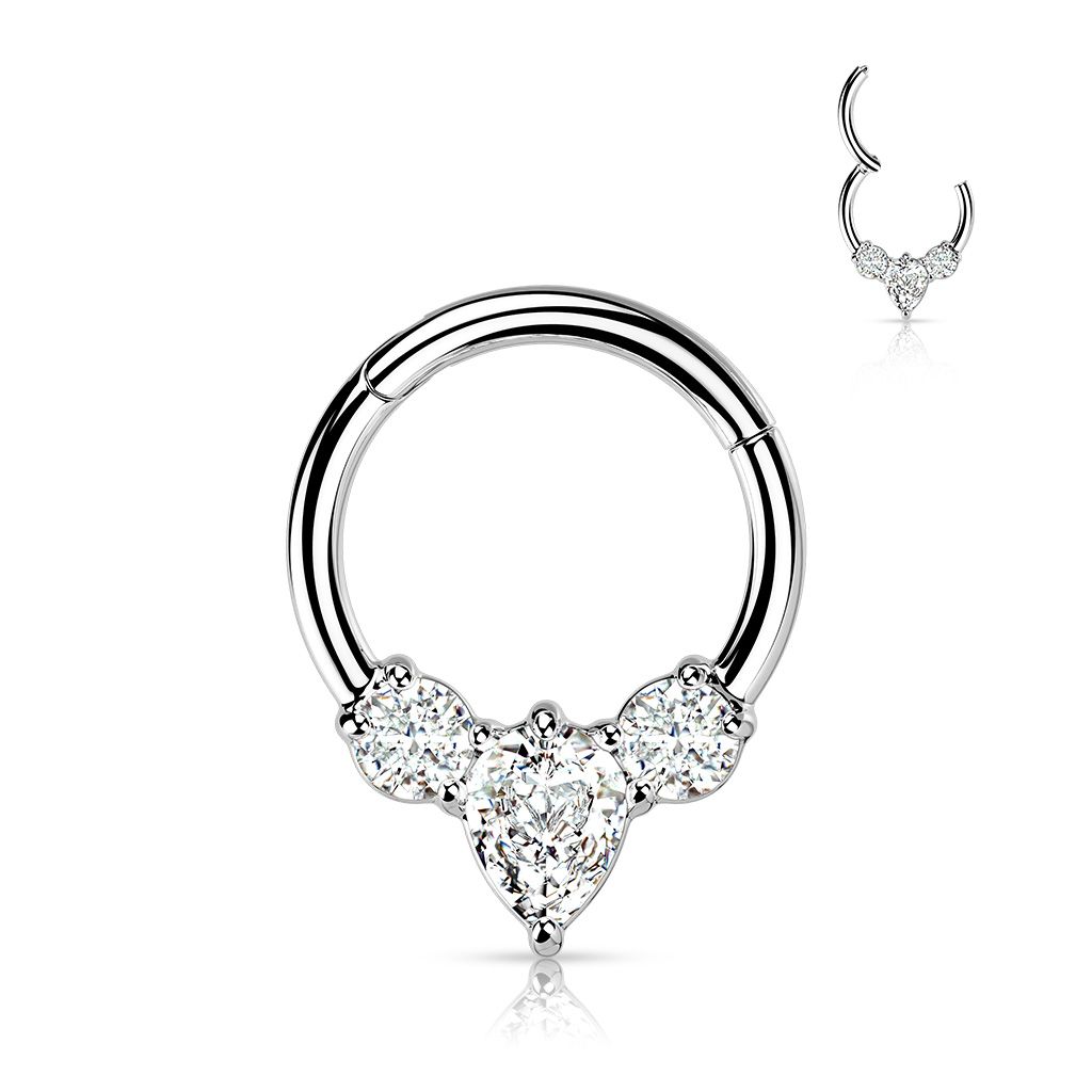 Hinged ring made of surgical steel with pear-shaped centre stone