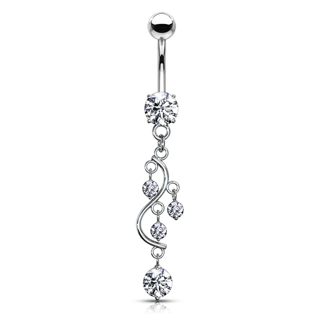 Belly button ring with s-shaped dangle and stones
