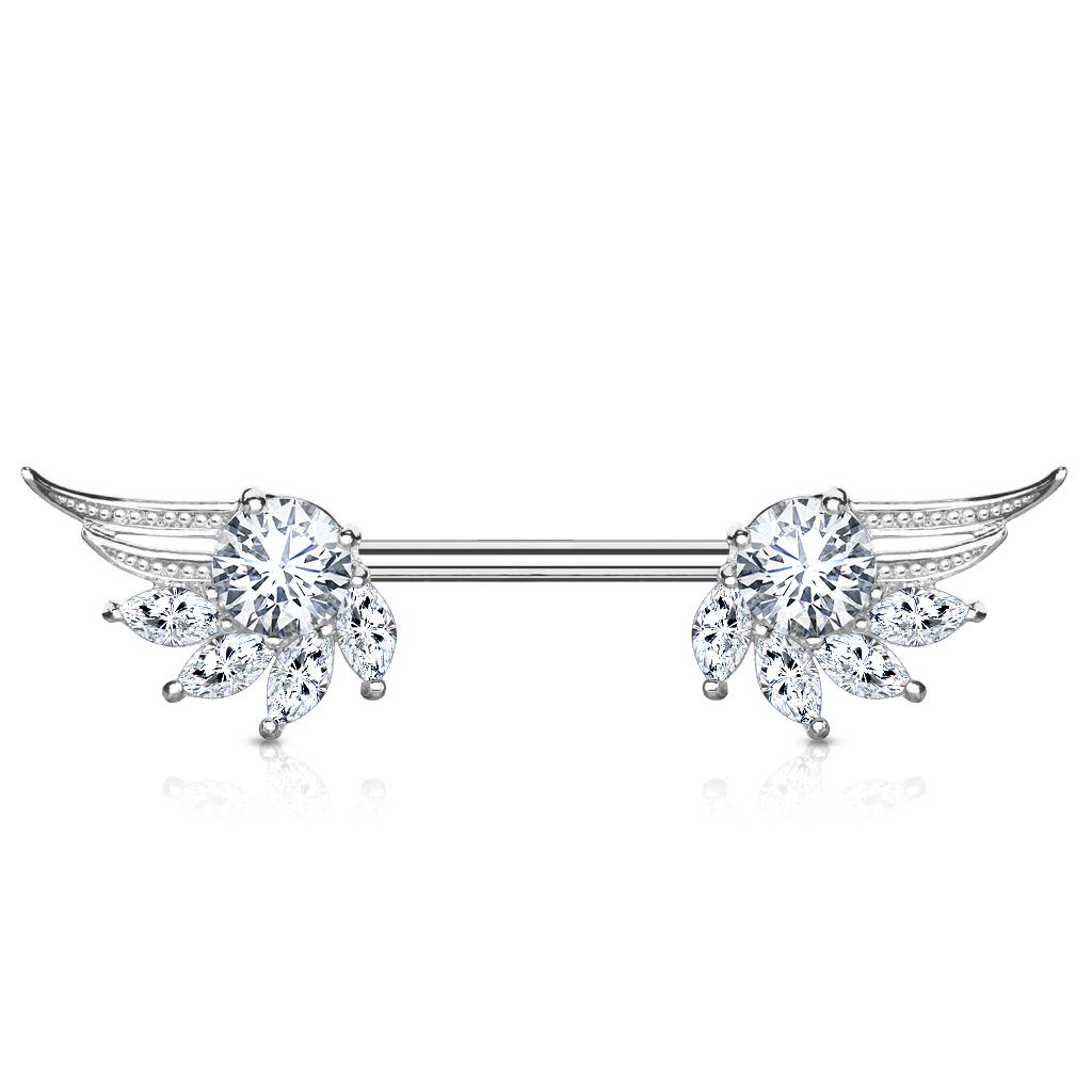 Nipple barbell with angel wings and marquise shaped stones