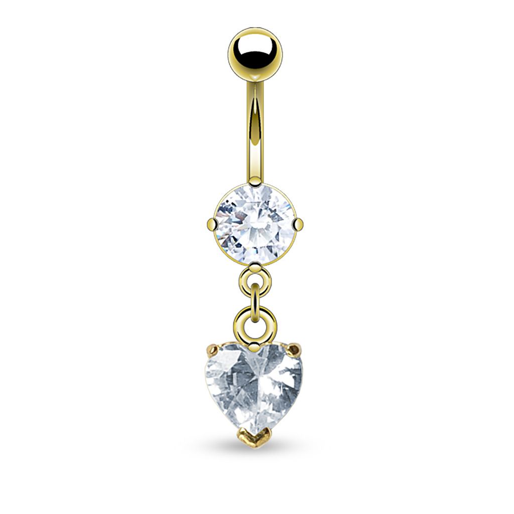 Belly button ring gold-plated with heart-shaped stone dangle