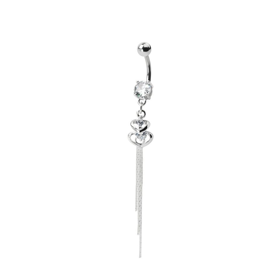 Belly button ring with double heart pendants and stones