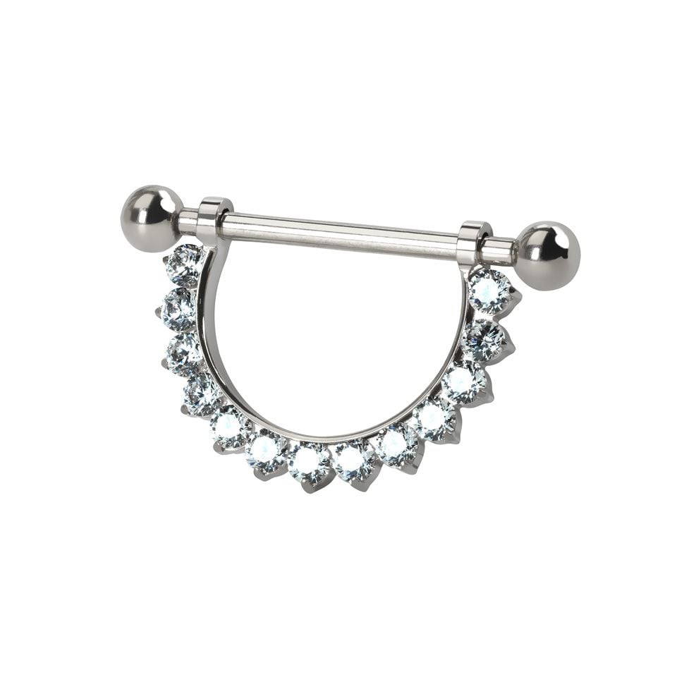 Titanium nipple barbell with CZ stone semi-circle