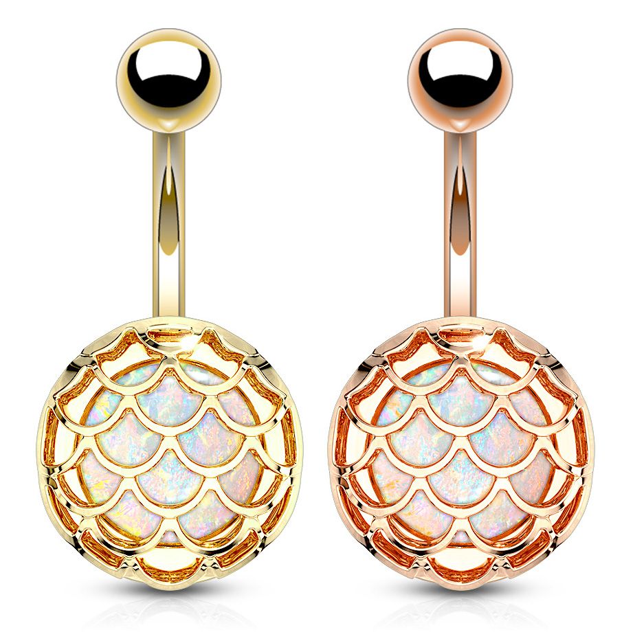 Belly button ring with opal stone in a scales design case