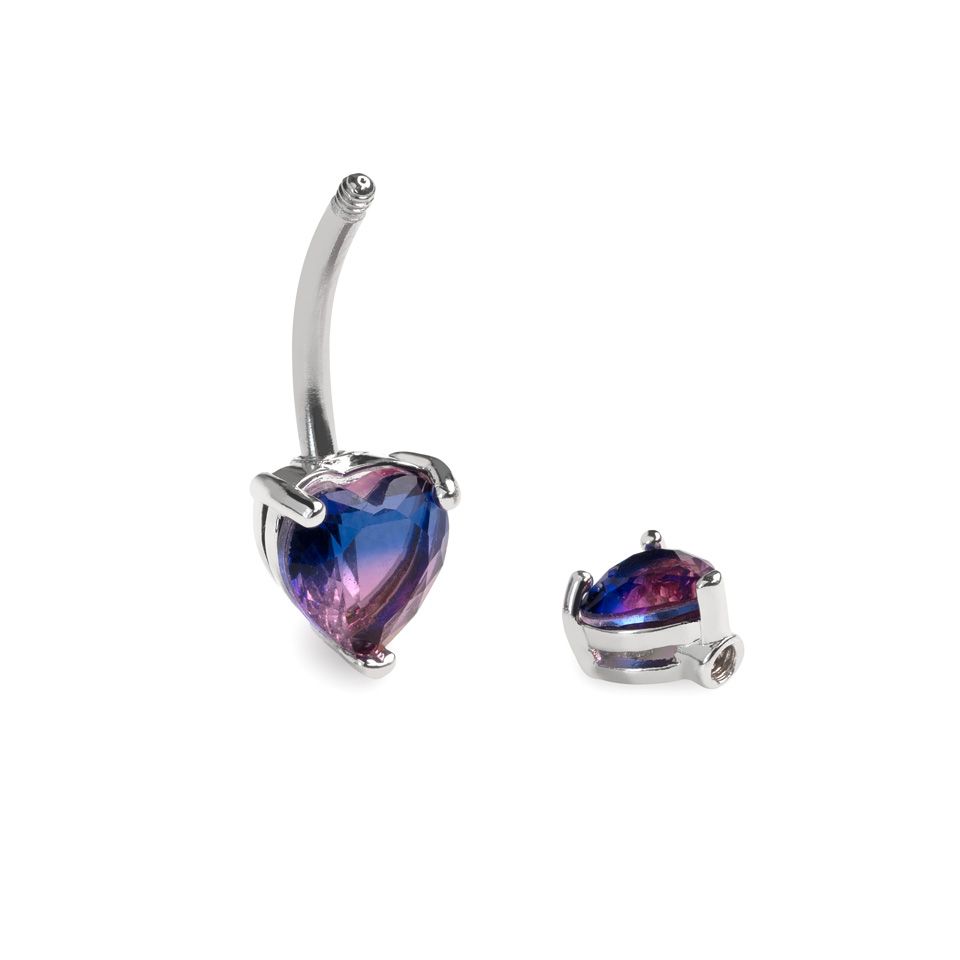 Belly barbell with two tone pink and purple hearts