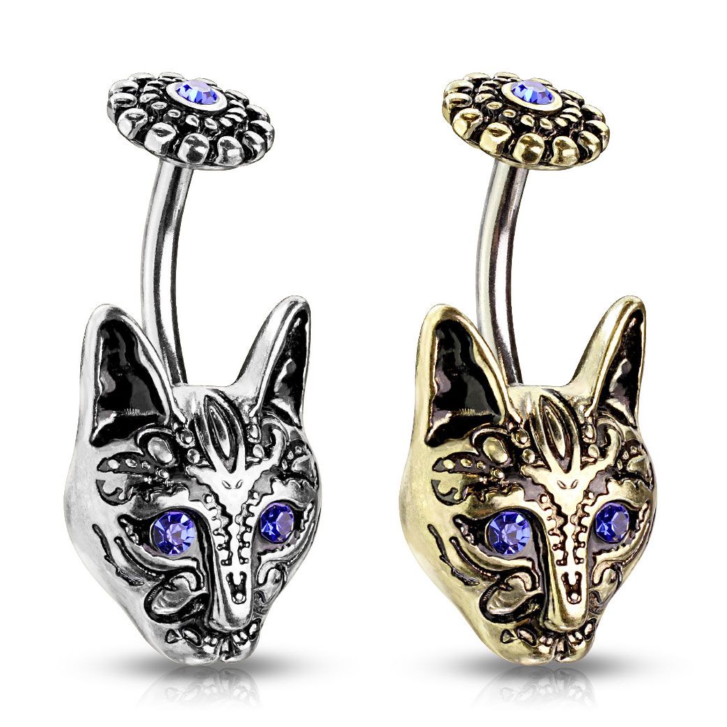 Belly button ring with blue-eyed tribal cat