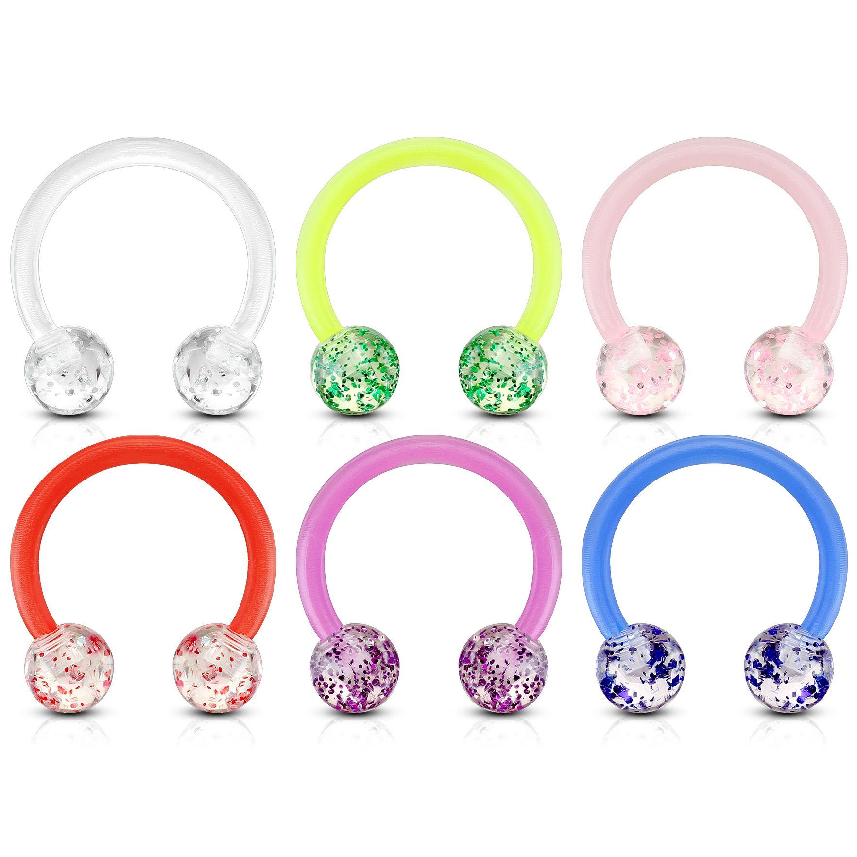 Circular barbell made of acrylic with glitter balls