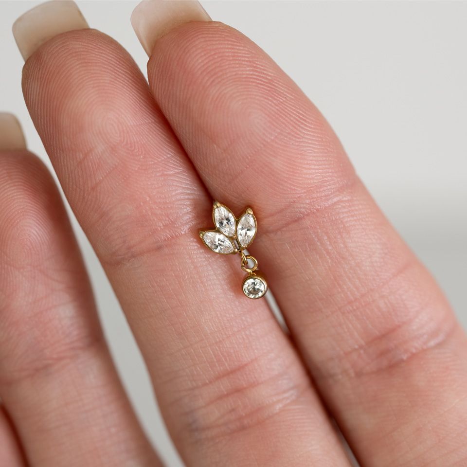 Titanium labret with lotus flower design and stone dangle
