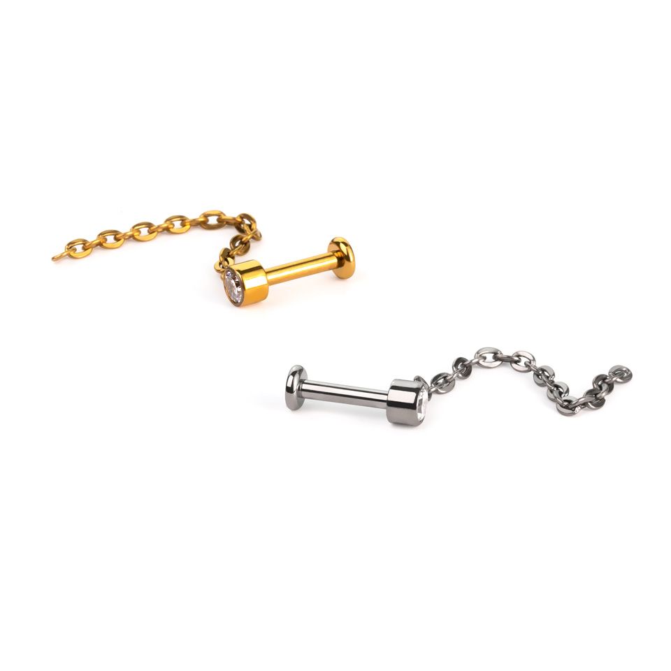 Dainty titanium labret with stone and chain dangle