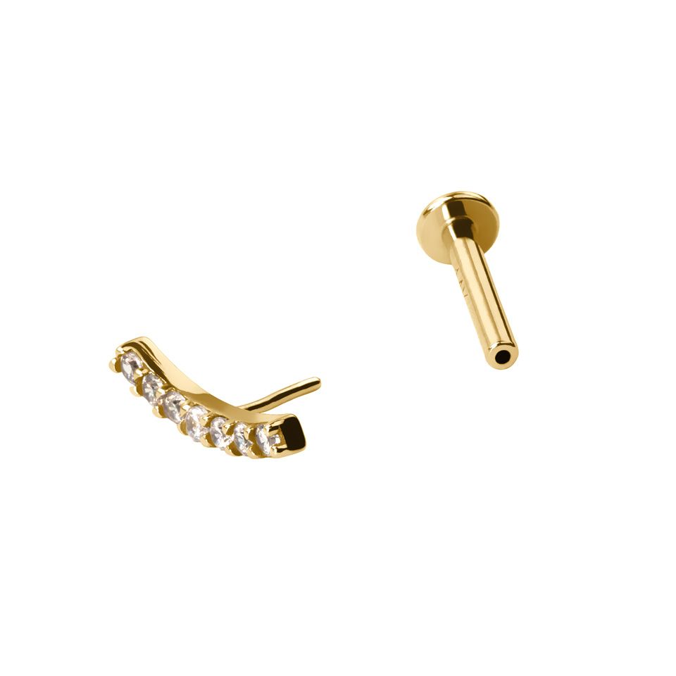 Push-in labret made of 14k gold with CZ paved curved top