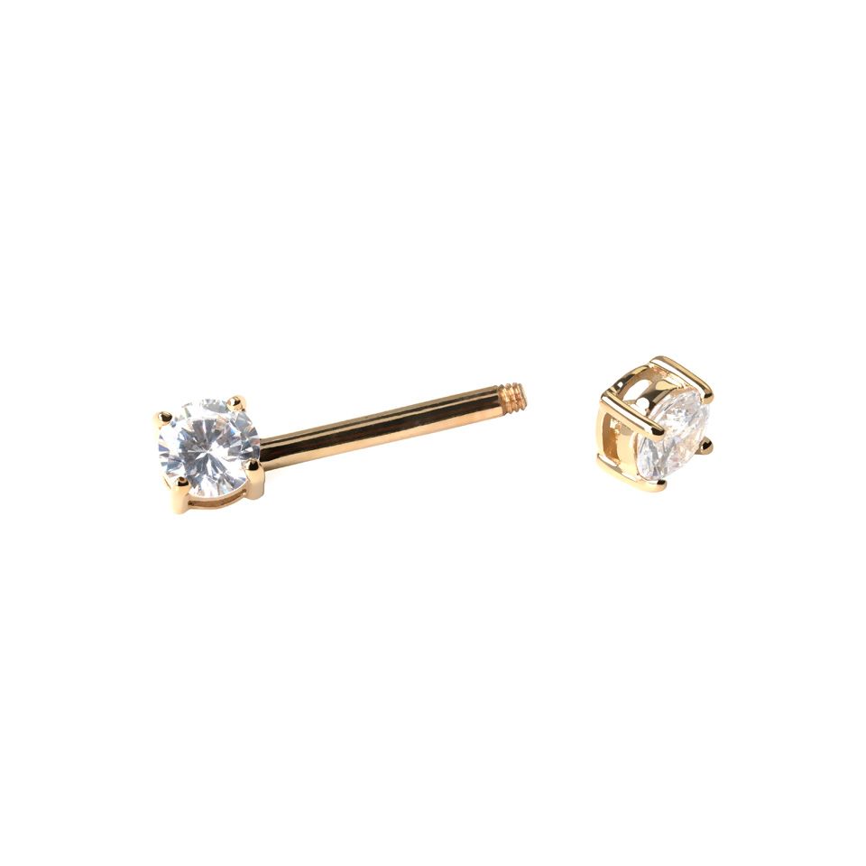 Nipple barbell made of 14k gold with crystal stones