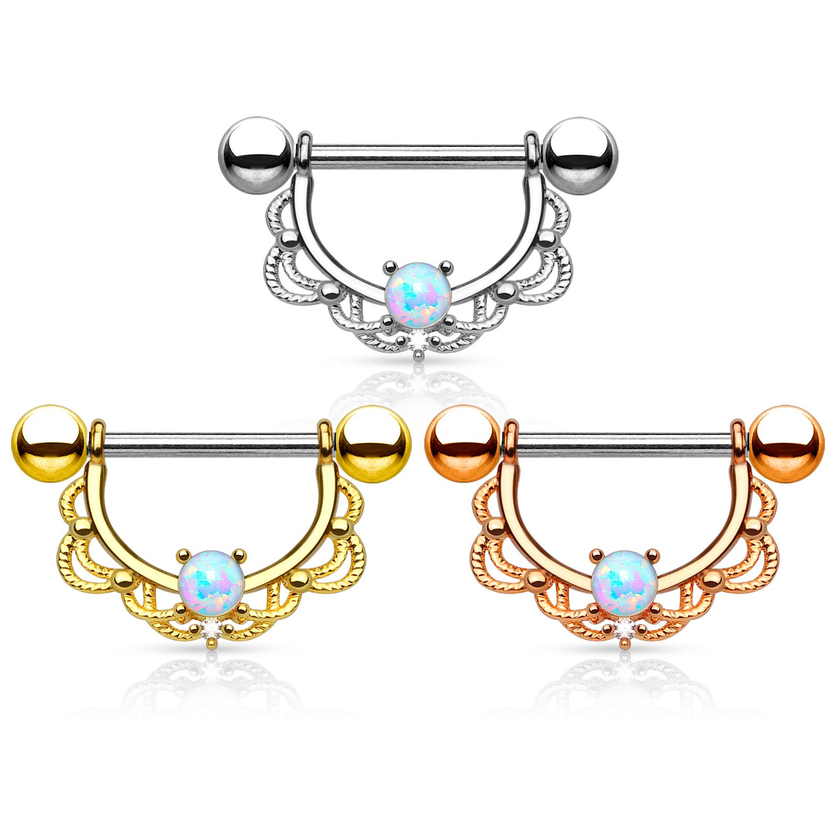 Nipple shield with filigree and opal stone