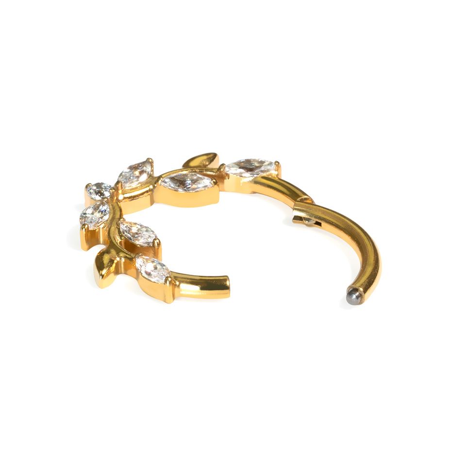 Forward facing titanium clicker ring with vine leaves and stones