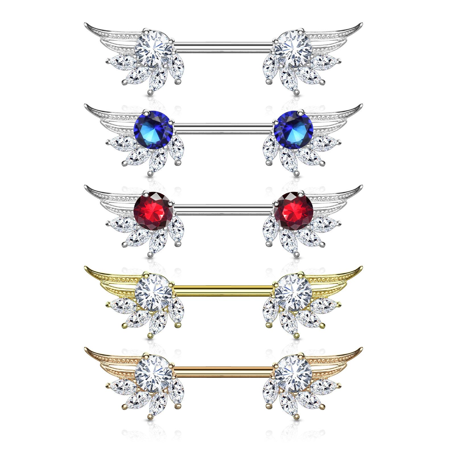 Nipple barbell with angel wings and marquise shaped stones
