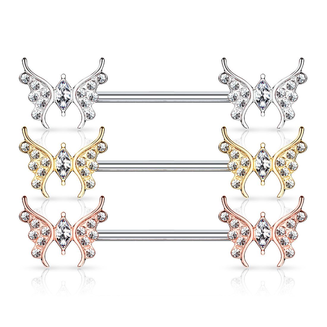 Nipple barbell with butterflies and gemstones