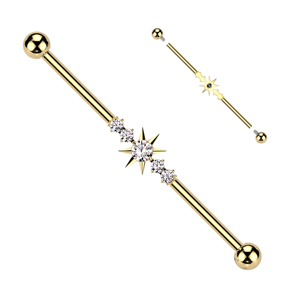 Industrial barbell with central star and gemstones in titanium
