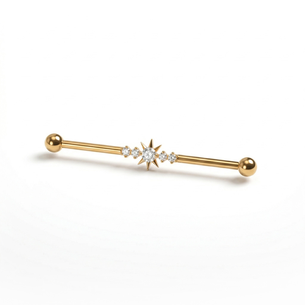 Industrial barbell with central star and gemstones in titanium