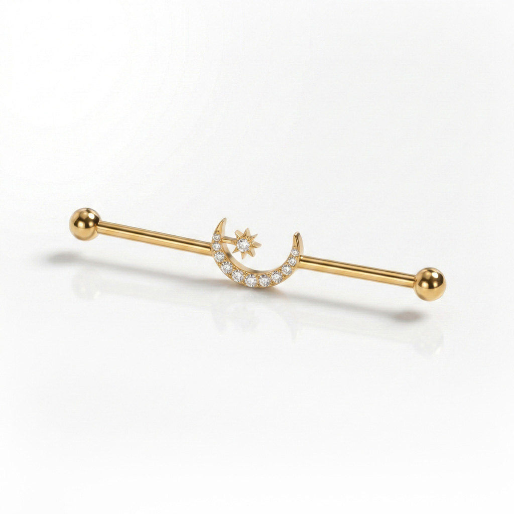 Industrial barbell in titanium with central moon and star
