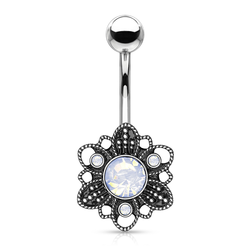 Belly button ring with antiqued flower and opalite