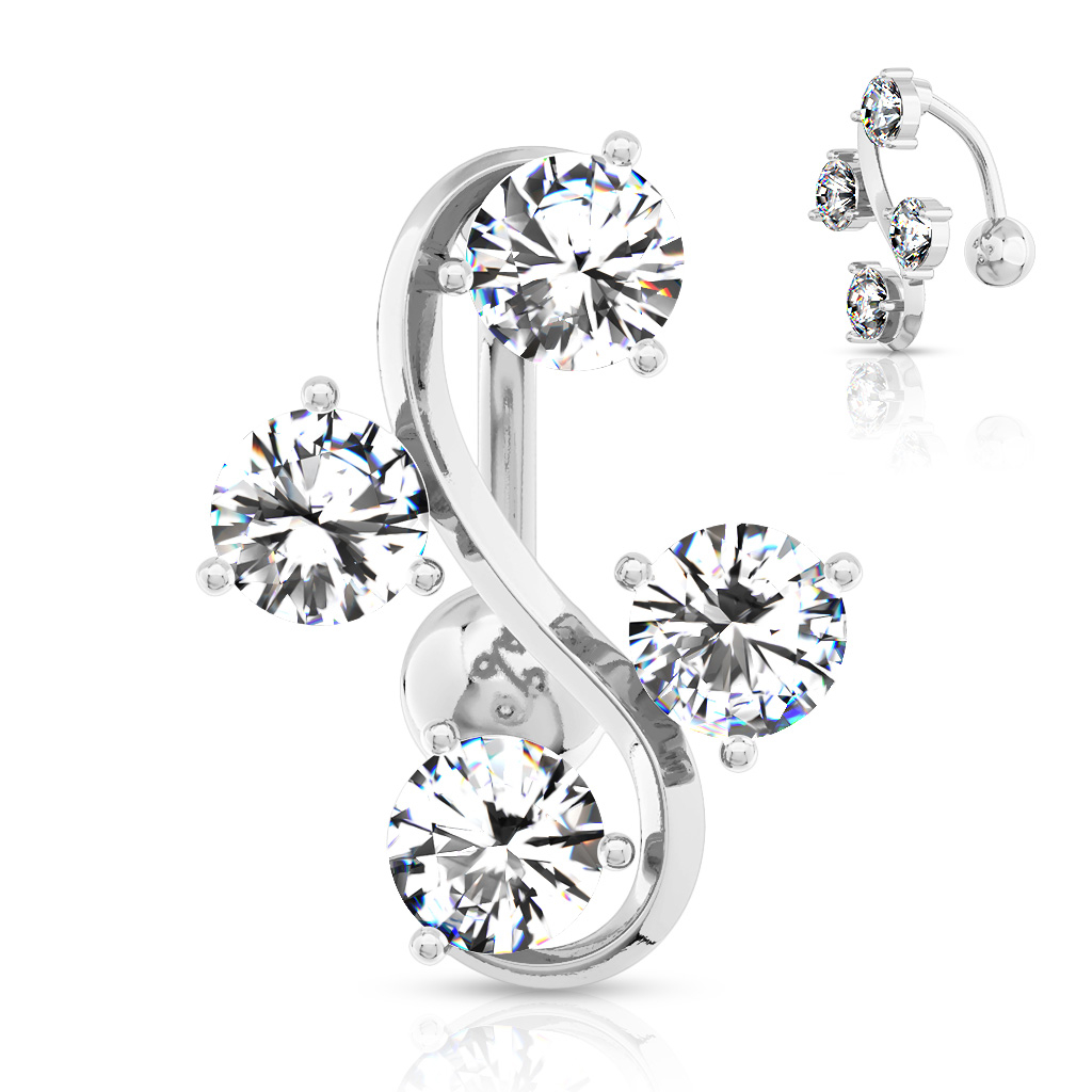 Reverse belly button ring with four staggered stones